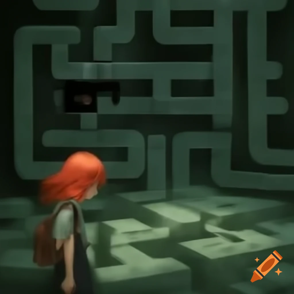 Girl with red hair exploring concrete basement labyrinth on security camera monitor