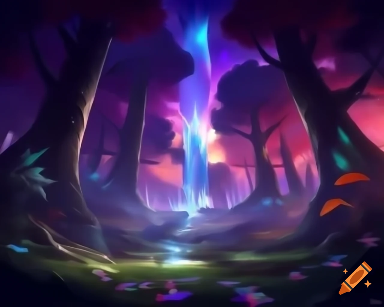 Mystical forest with mythical creatures and vibrant trees