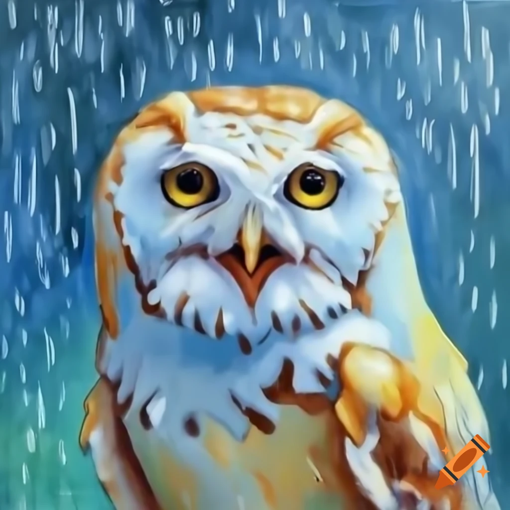 Grumpy owl under rain in Van Gogh style drawing