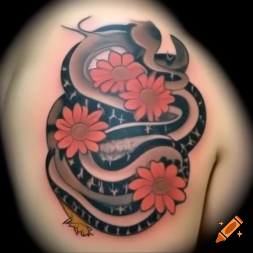 Japanese style tattoo design featuring snake and chrysanthemums