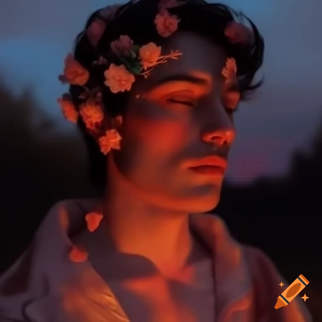 Man's portrait in nature with fuchsia, peach, and coral blooms at dusk