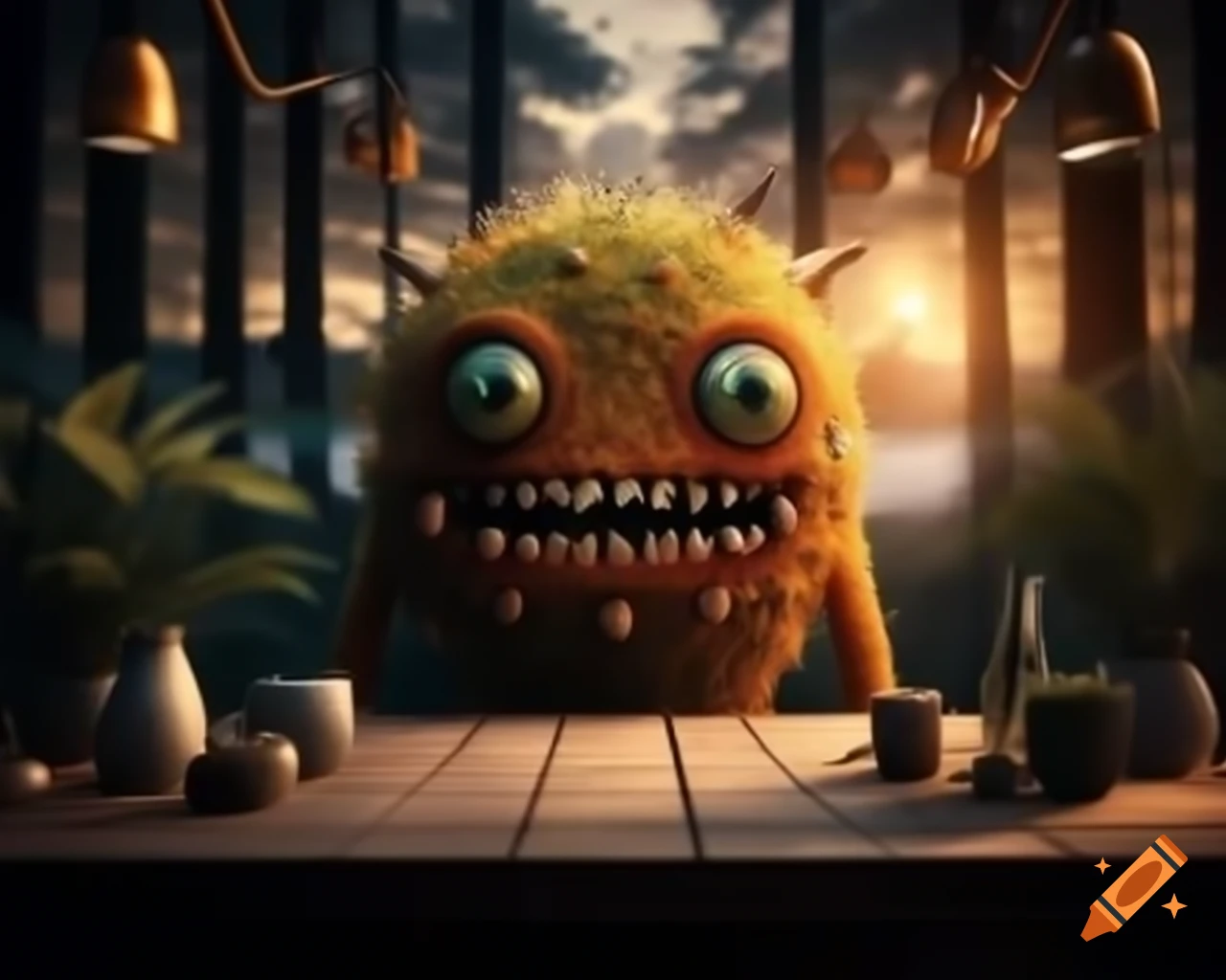 Hyper-realistic orange tree monster with human face in a contemporary forest setting