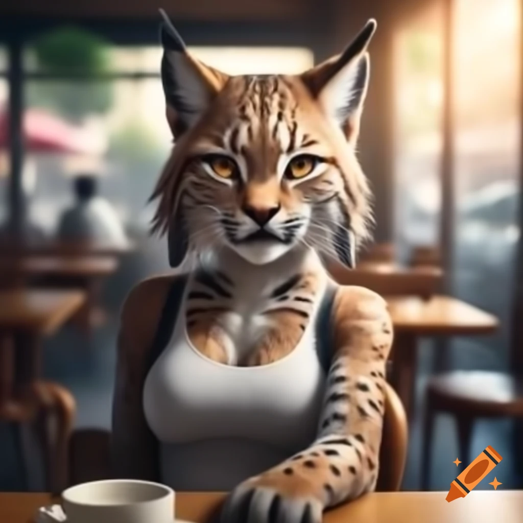 Female anthro lynx in tight top sitting in daytime café