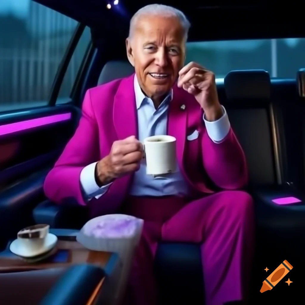 Joe Biden drinking purple liquid from foam cup in pink suit inside limo