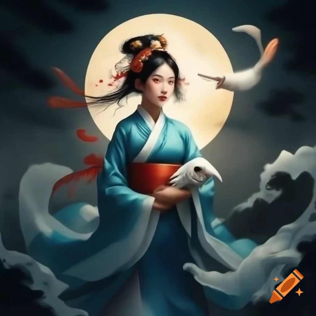 Lady in traditional Tang dynasty gown flying to the full moon with rabbit pet for Mid-autumn Festival