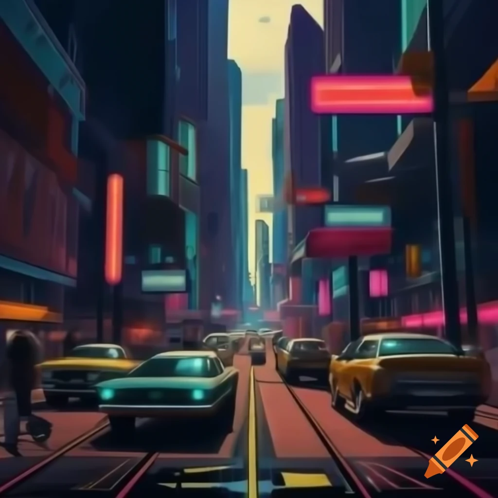 Bustling urban street in decopunk alternate reality with futuristic vehicles and high-fashion pedestrians