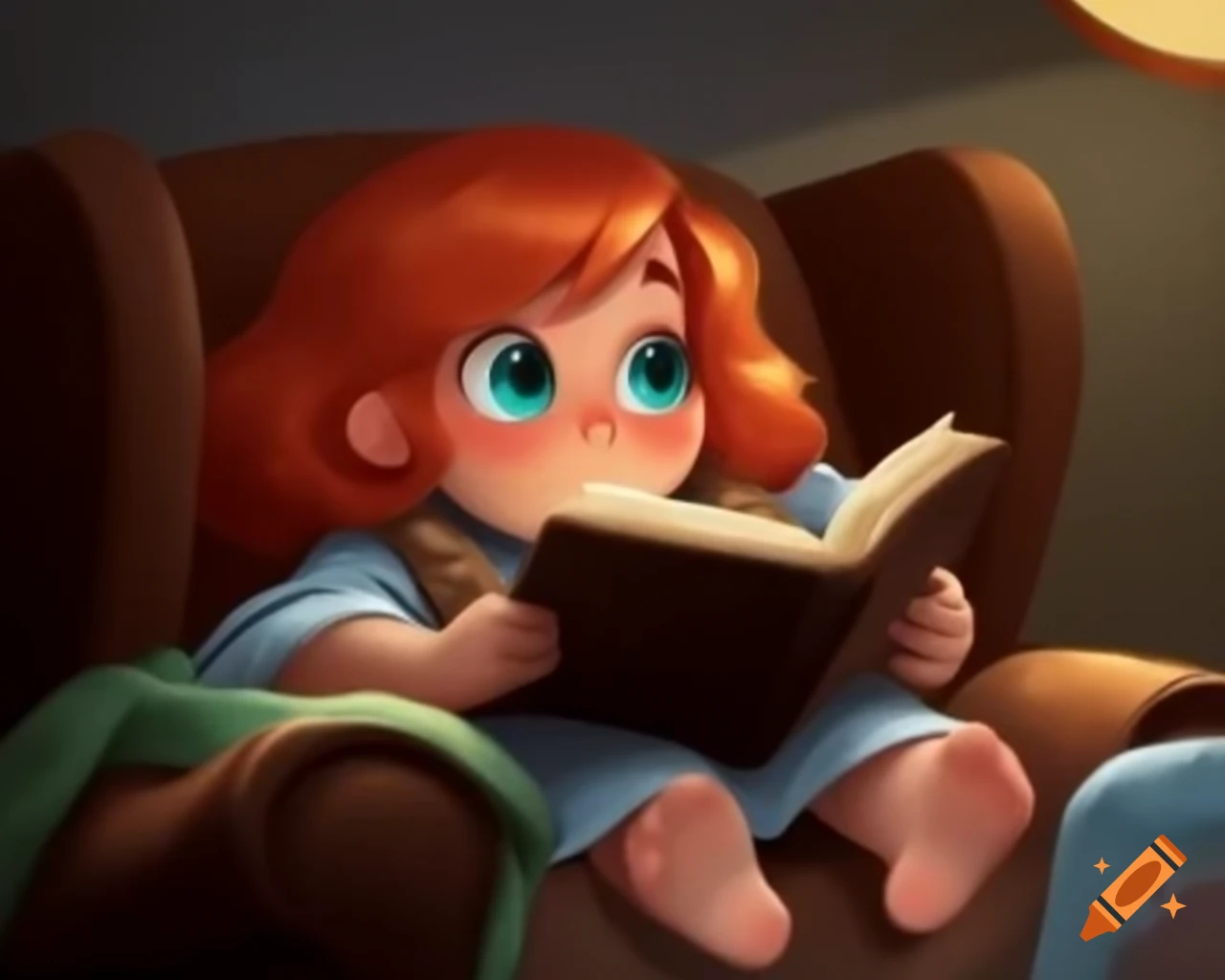 Woman with red hair and blue-green eyes reading a book on brown chair with gray blanket