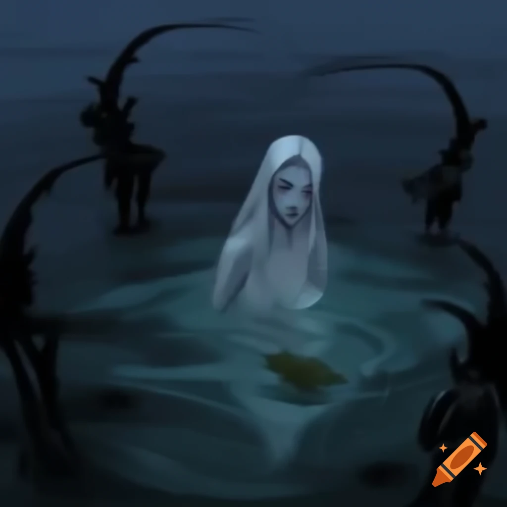 Haunting gothic world with mythological creatures in ancient sea at twilight