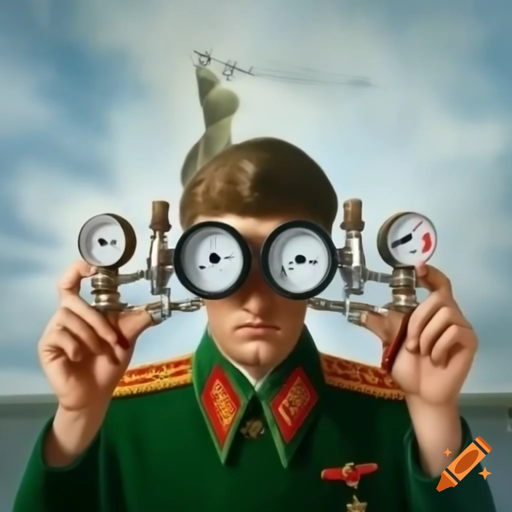 Soviet man with HVAC manifold gauges in a WWII propaganda poster style