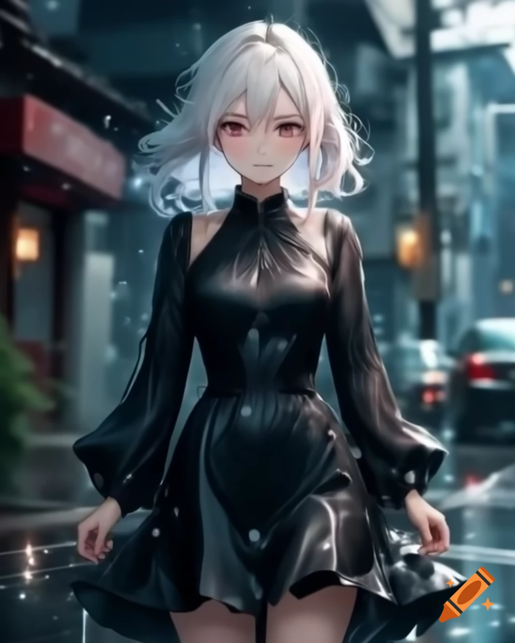 Anime woman with white hair in black dress on rainy day, realistic style