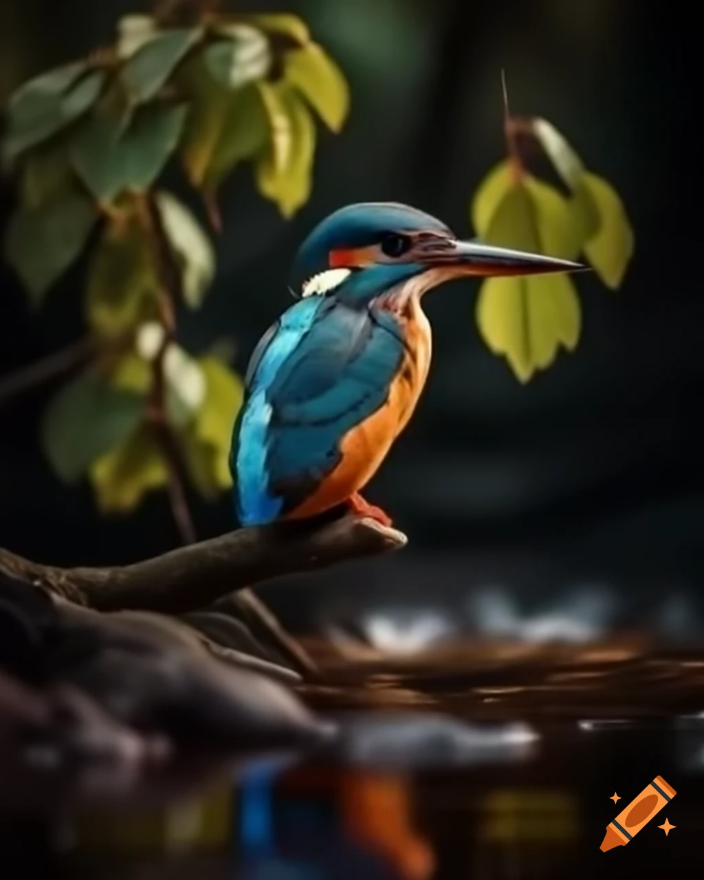 Kingfisher on alder branches by stream in warm morning light