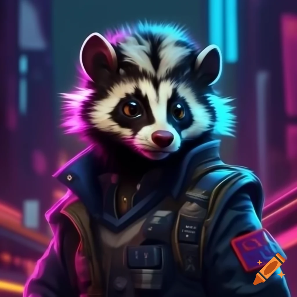Spotted skunk in cyberpunk dystopia with military uniform in neon midnight city