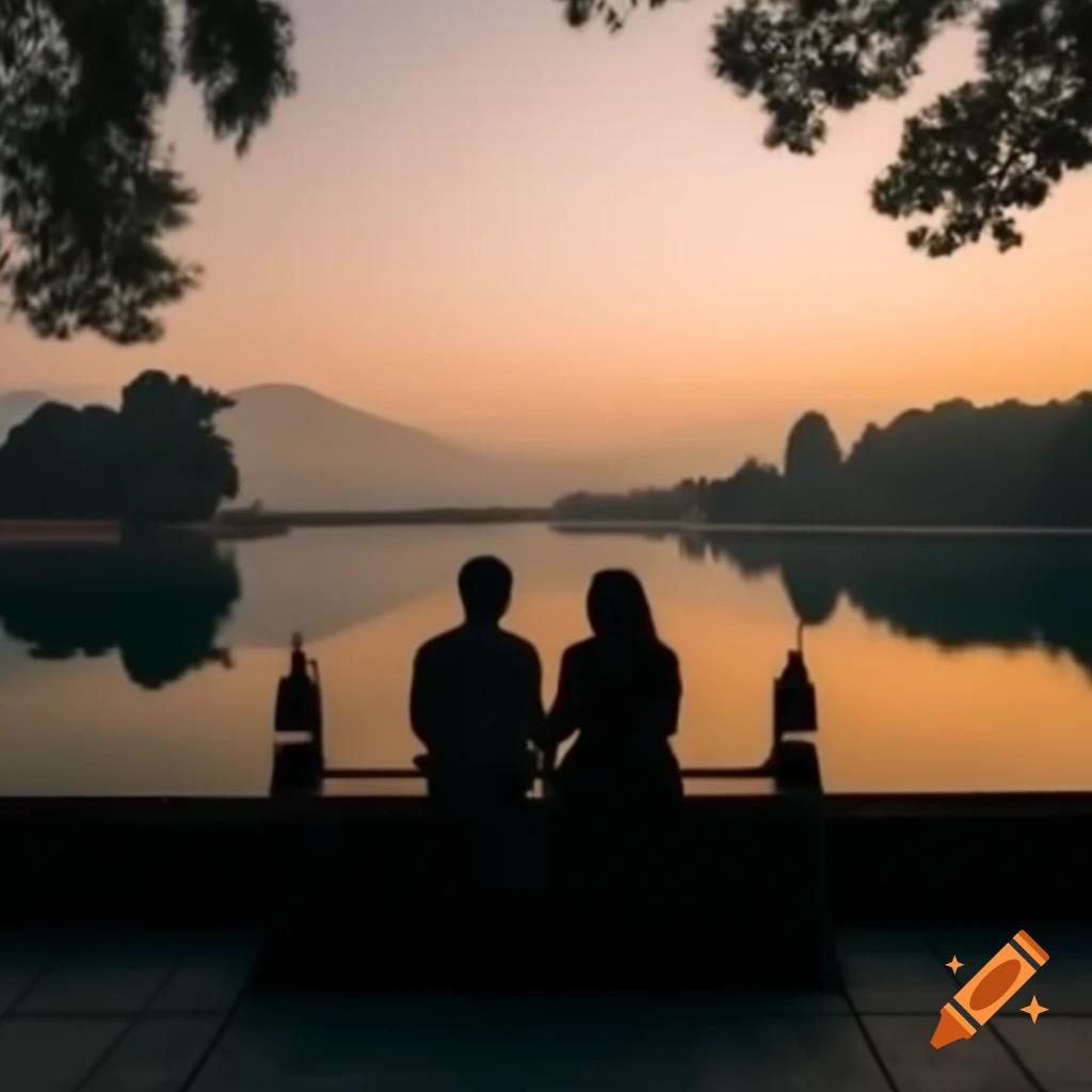 Silhouette of couple by calm lake with mountains, sitting on stone bench