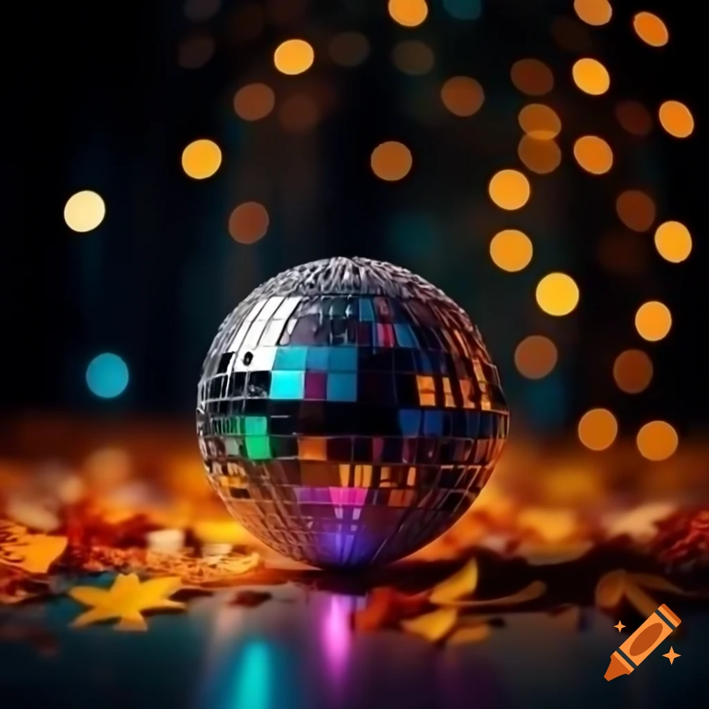 Disco ball shimmering in autumn colors with dark blurred background and bokeh effect