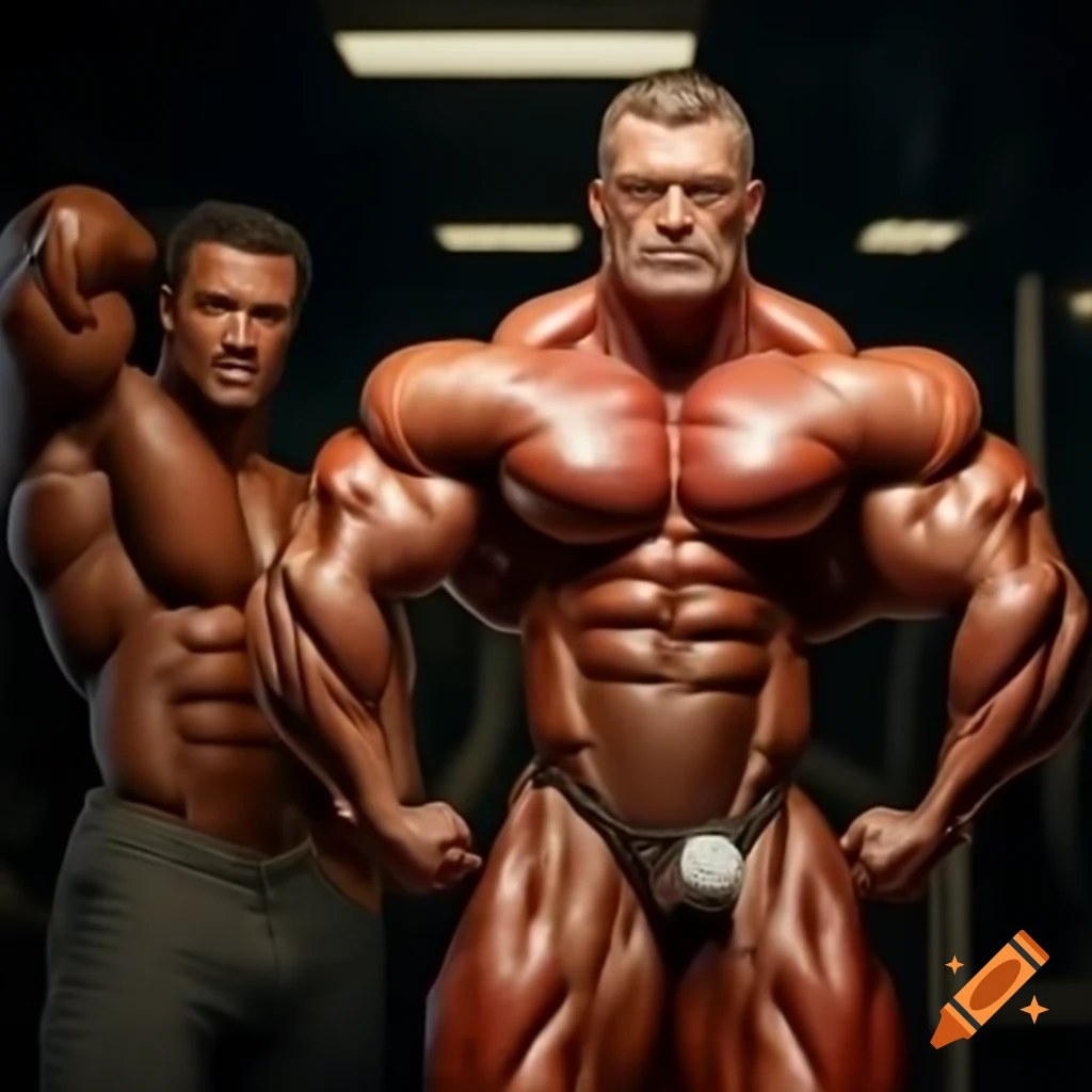 Muscle man flexing muscles next to skinny man