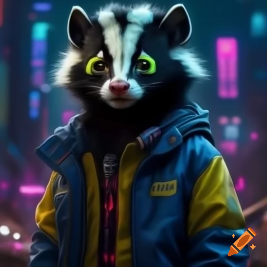 Skunk in high-tech jacket with LEDs in a neon dystopian city with 1980s aesthetic