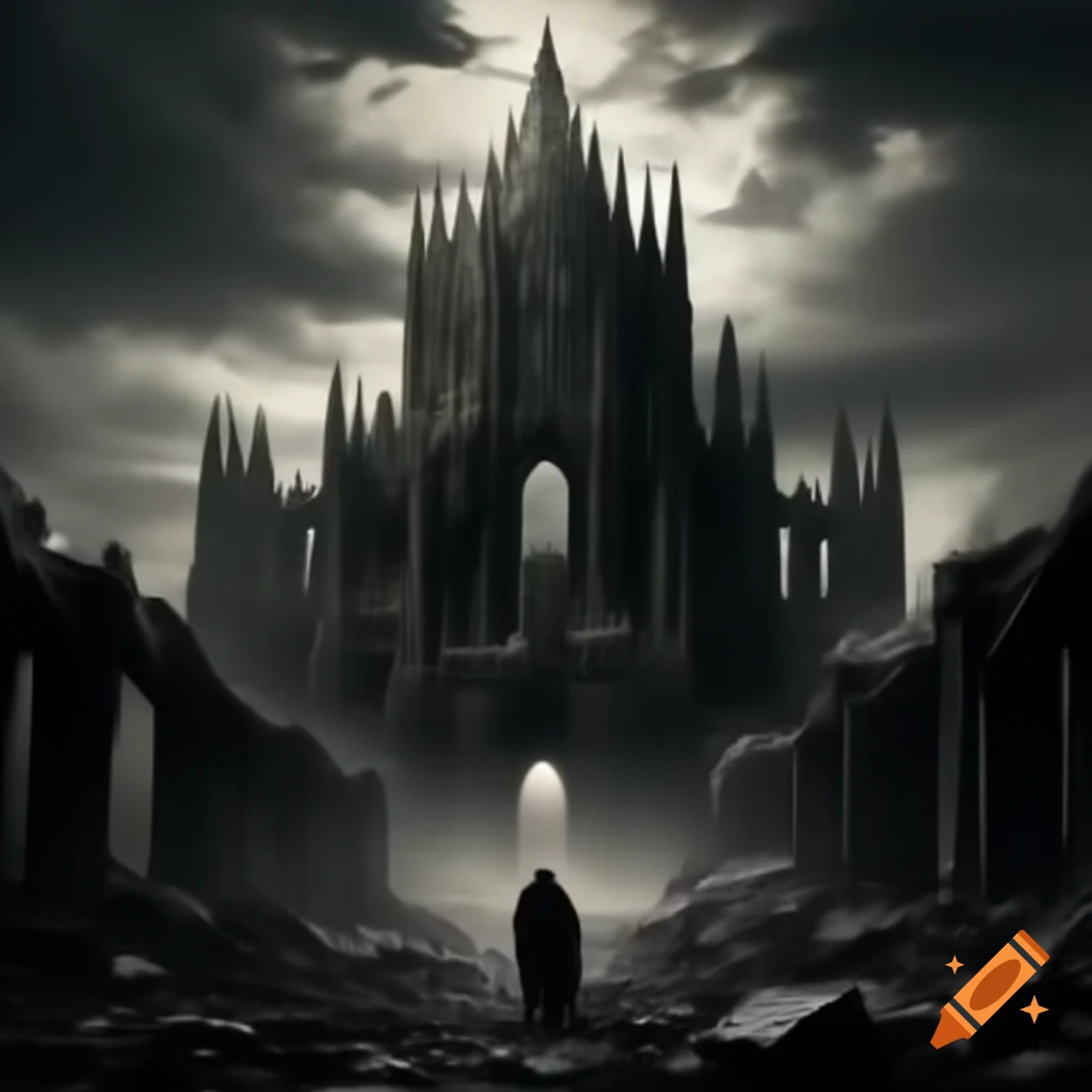 Post-apocalyptic cityscape with decaying cathedral as sanctuary