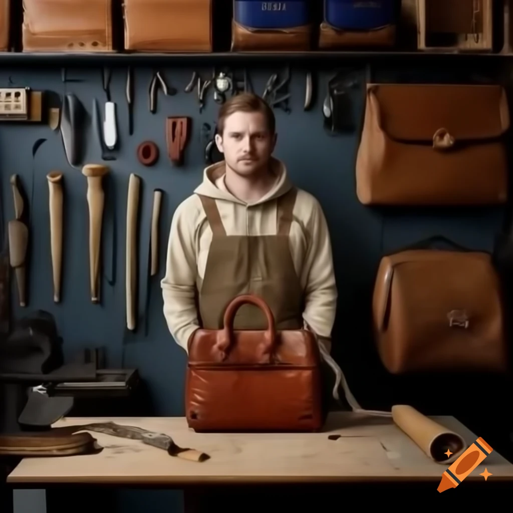 Man in workshop holding brown leather handbag embossed with letter L