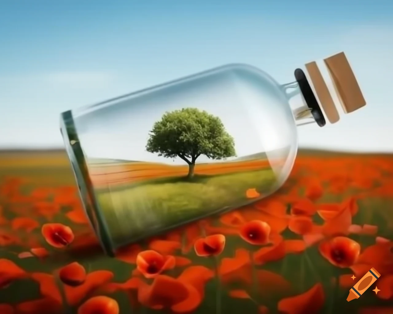 Tree in a meadow with poppies in a glass bottle