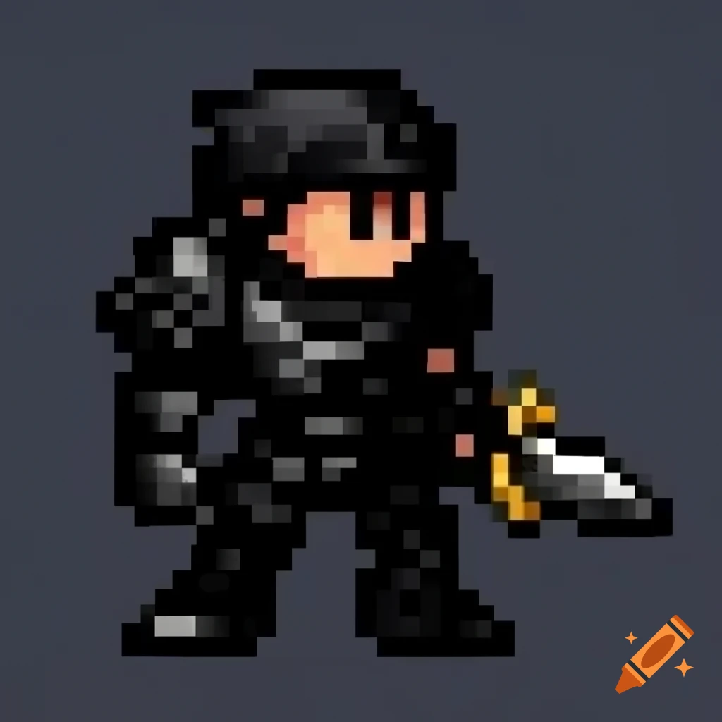 Pixel art fighter in black armor wielding golden sword