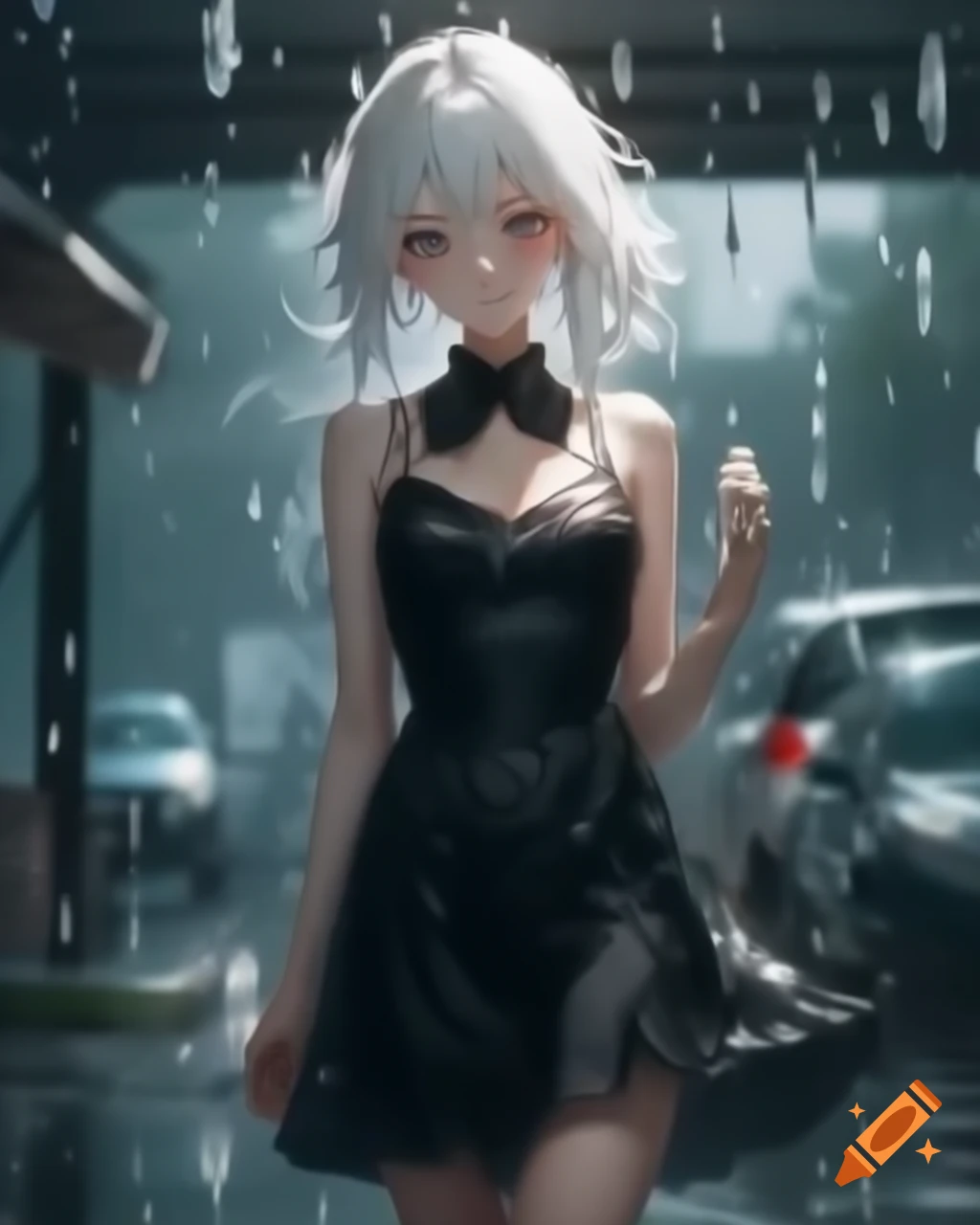 Anime realistic woman with white hair in black dress on rainy day