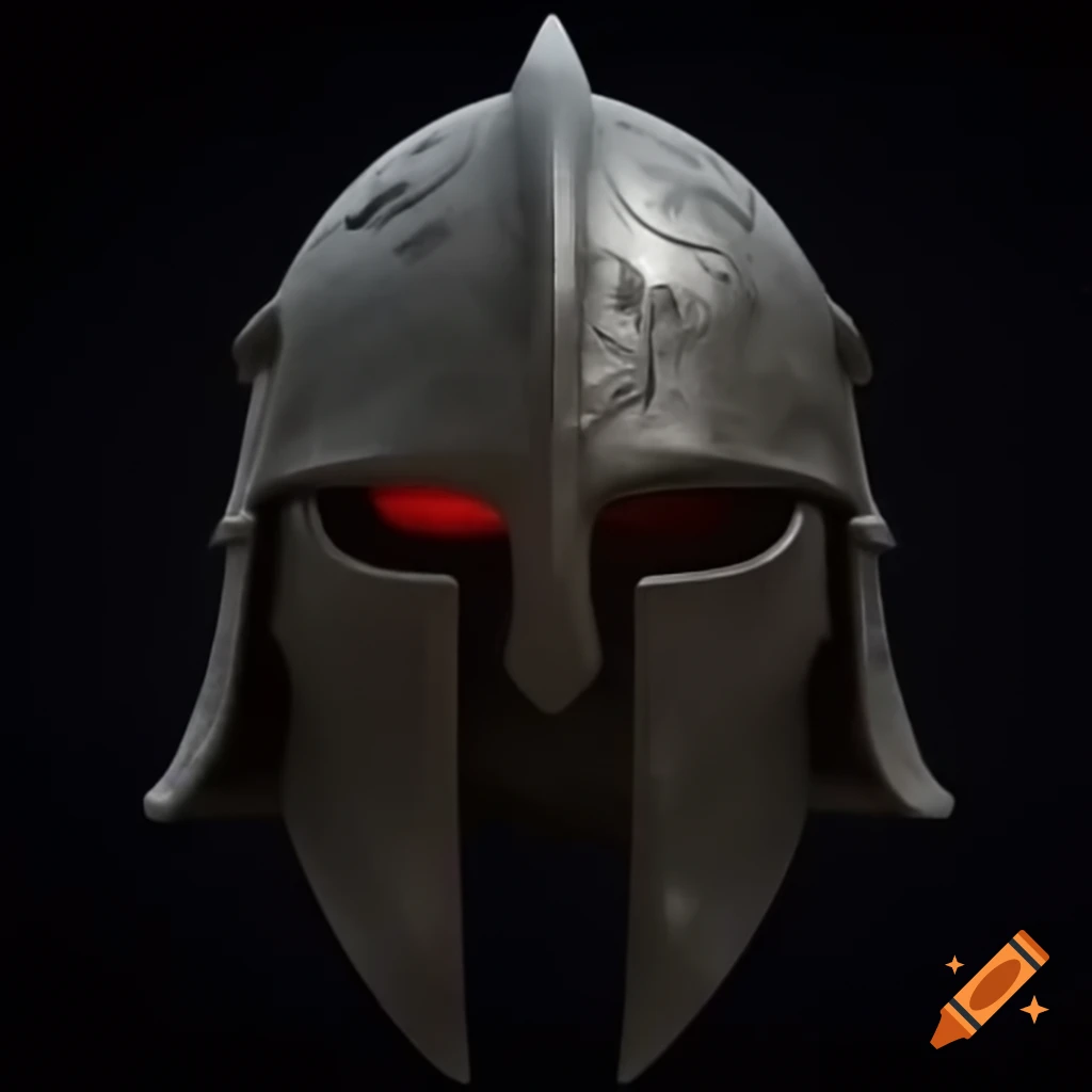 Battle-worn dark steel helmet with glowing magical runes