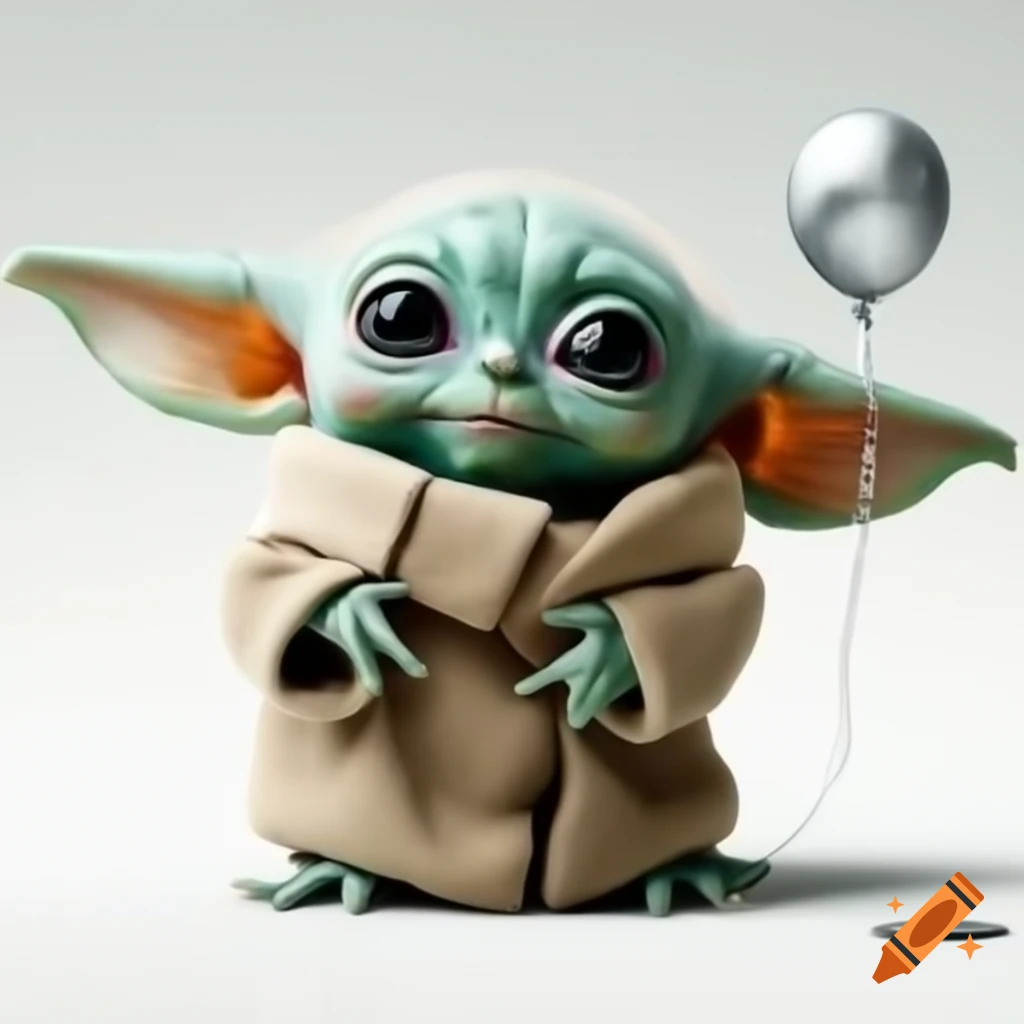 Grogu holding a big silver balloon in playful pose against white background