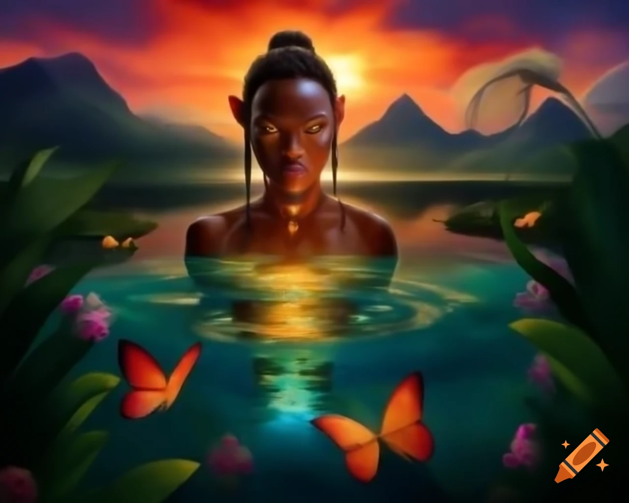 Beautiful woman in tropical paradise surrounded by colorful objects and butterflies at sunset