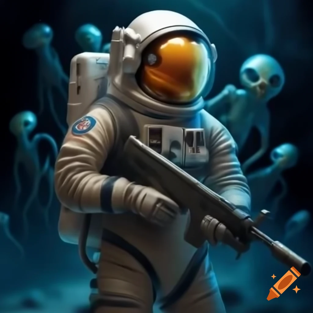 Astronaut shooting at aliens in space scene
