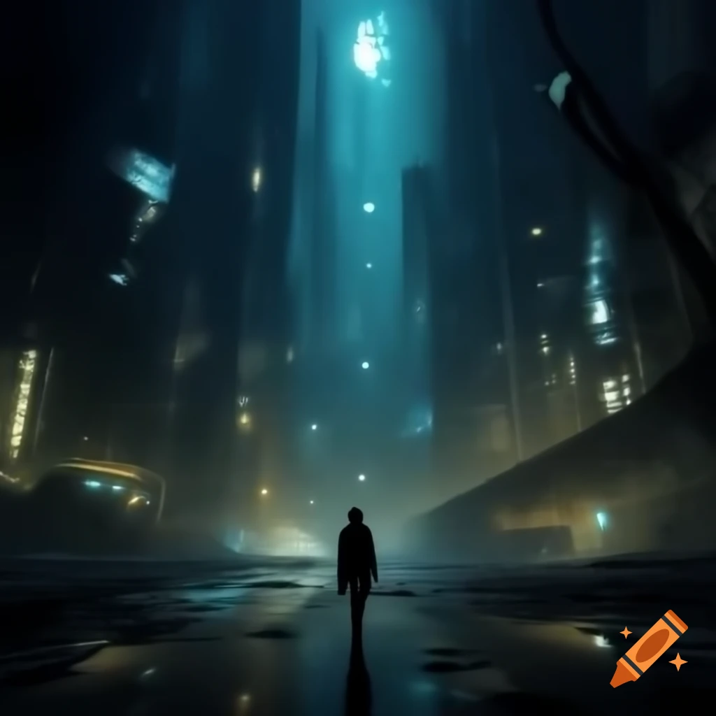 Shadowy silhouette against illuminated cityscape in cyberpunk setting