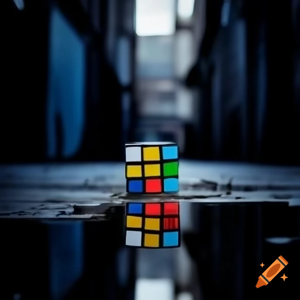 Solitary Rubik's Cube on uneven pavement in dimly-lit alleyway with sunlit dust motes