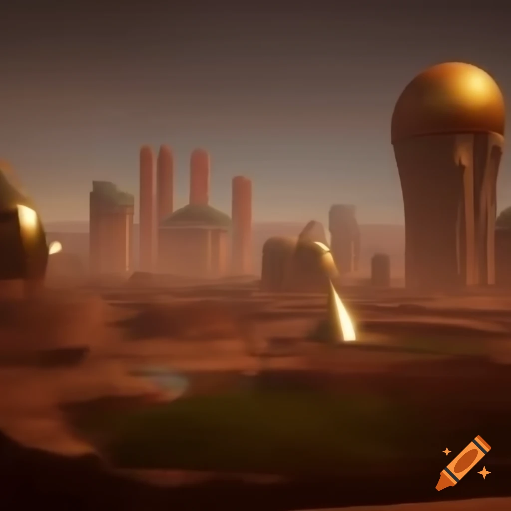 Futuristic Martian colony of Elysium at dawn with advanced architecture