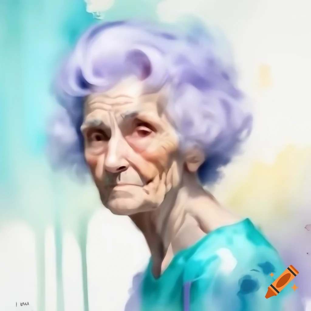 Portrait of elderly woman with silver hair in turquoise and lavender watercolor style