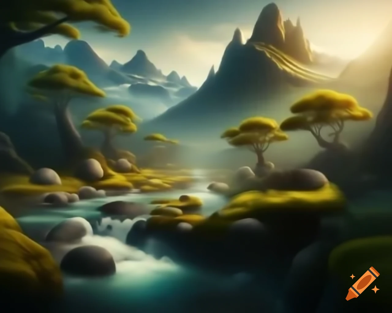 Ancient mountain range towering above winding river with grand trees