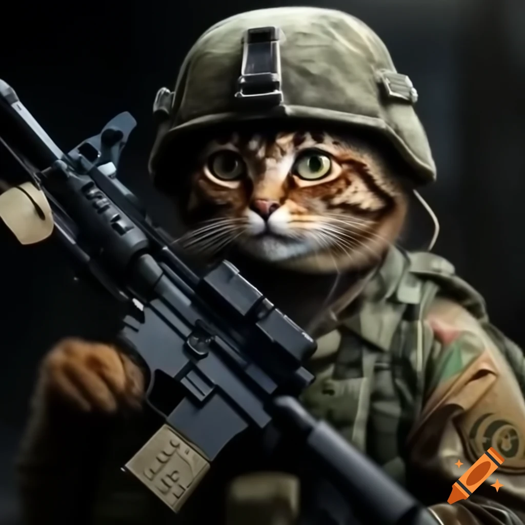 Military-themed cat holding a toy AR15