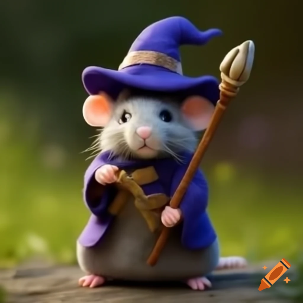 Stuffed animal rat dressed as a wizard holding a staff