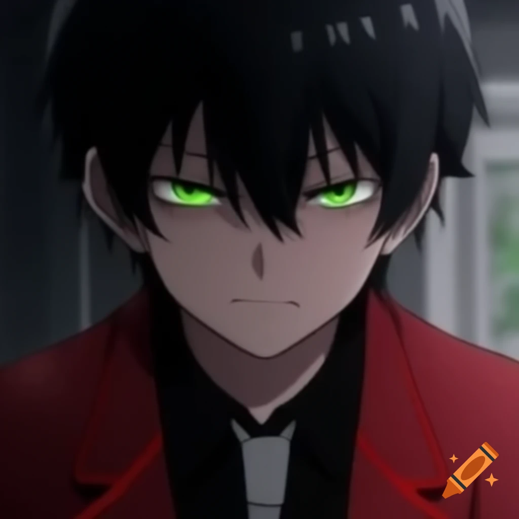 Young man in red and black school uniform with intense gaze and angry expression