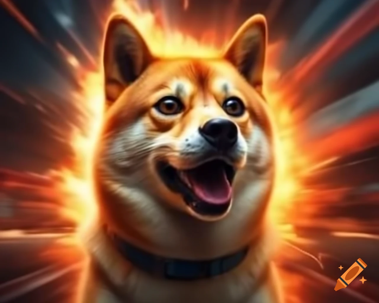 Happy Doge with explosions in the background