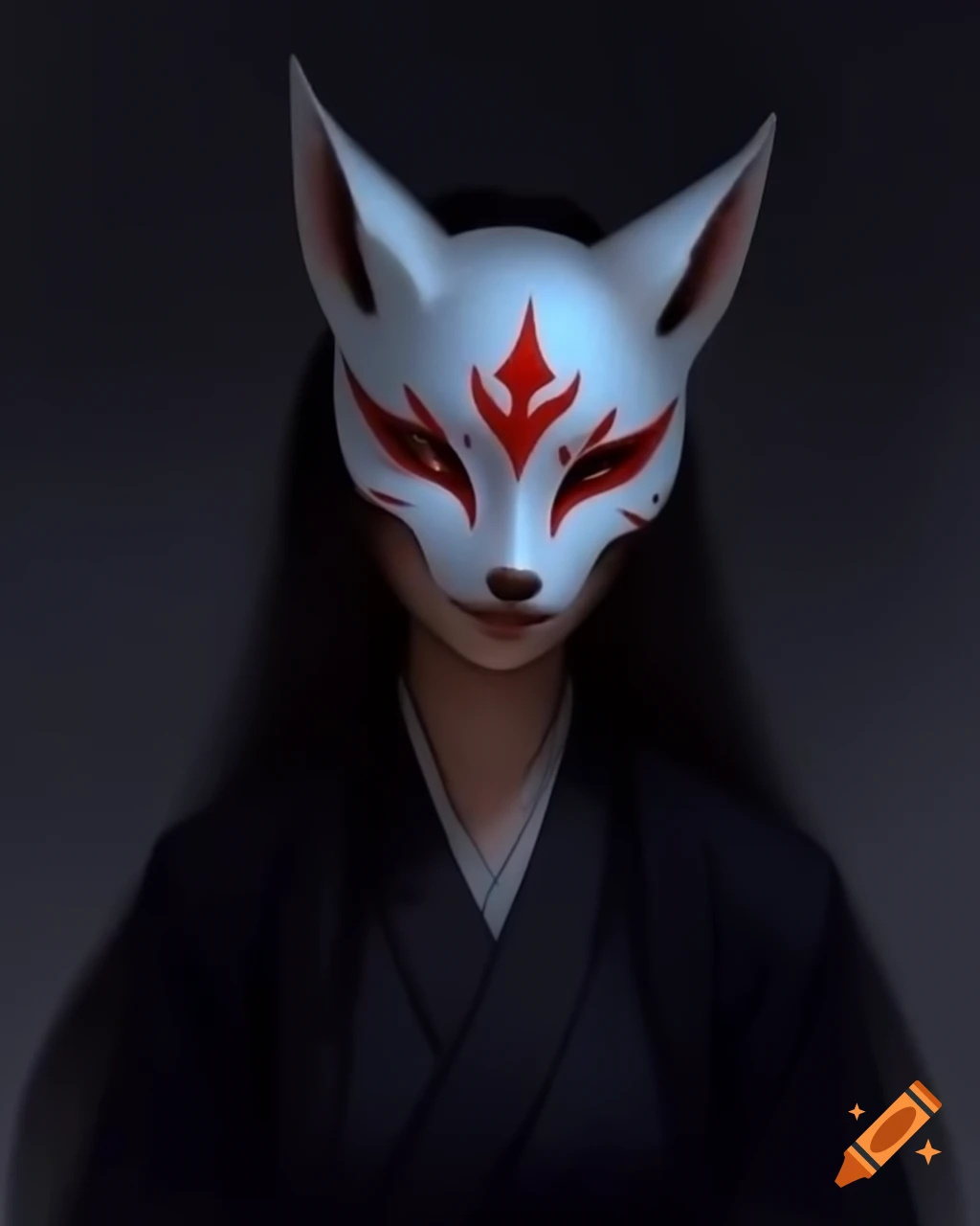 Asian woman with kitsune mask in dark thematic setting