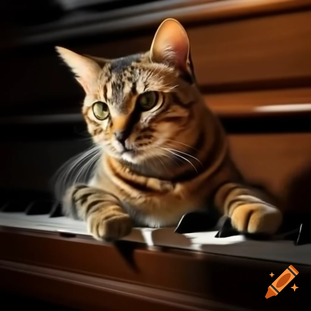 Bengal cat sitting on a piano