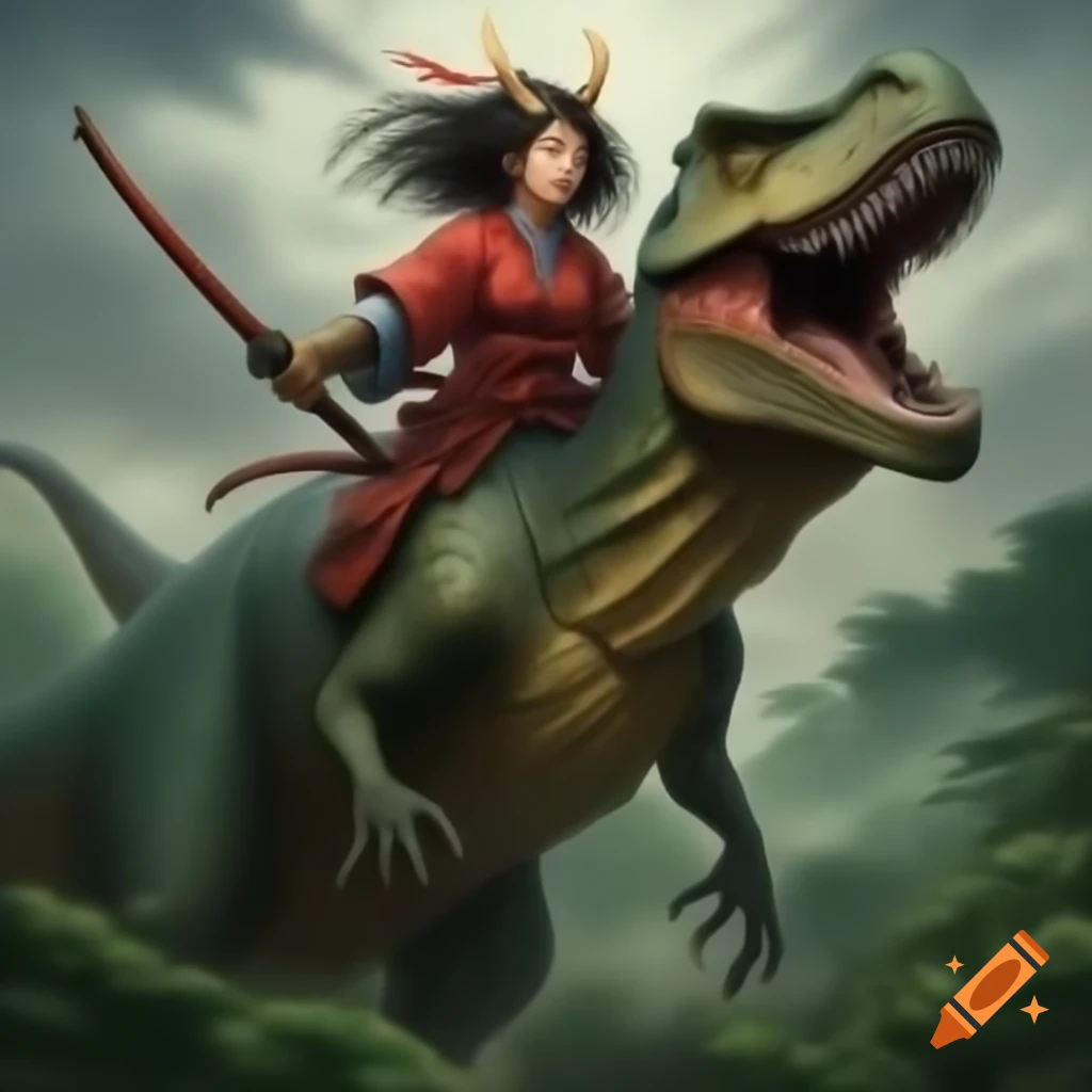 Female samurai riding a dinosaur