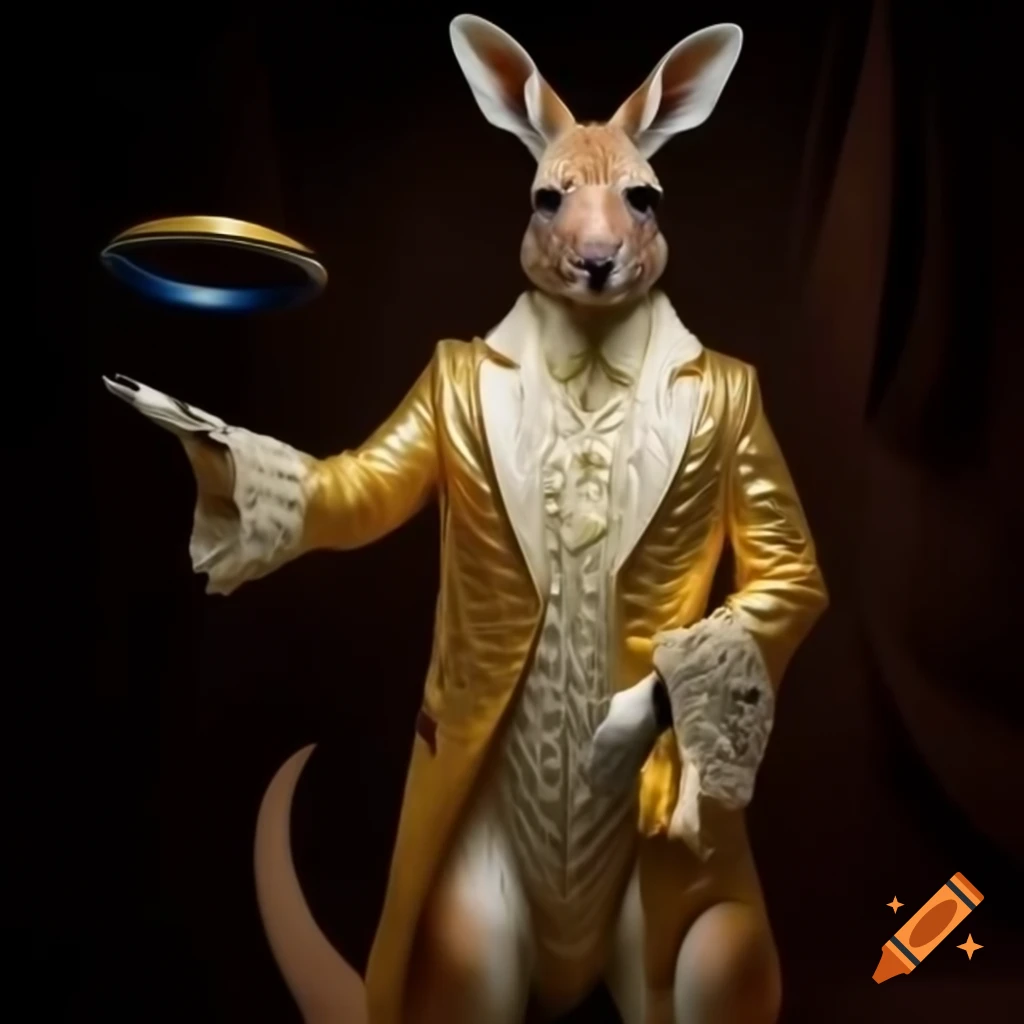 Majestic kangaroo in golden coat holding frisbee