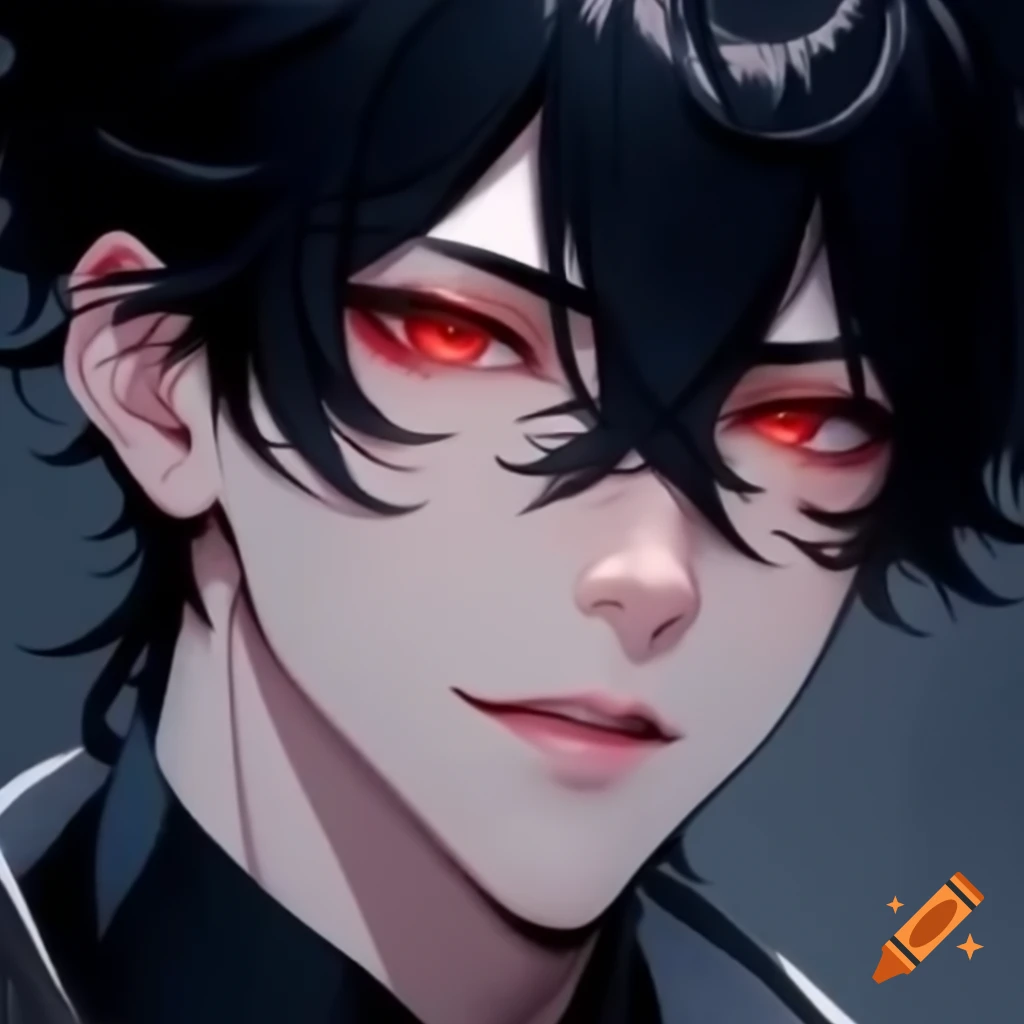 Stylish anime character with red eyes and messy dark hair