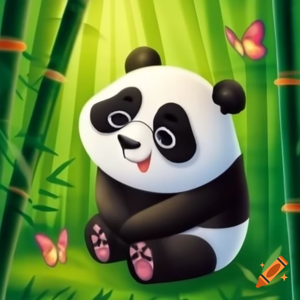 Cartoon panda with sparkling eyes and cheerful smile sitting in bamboo grove