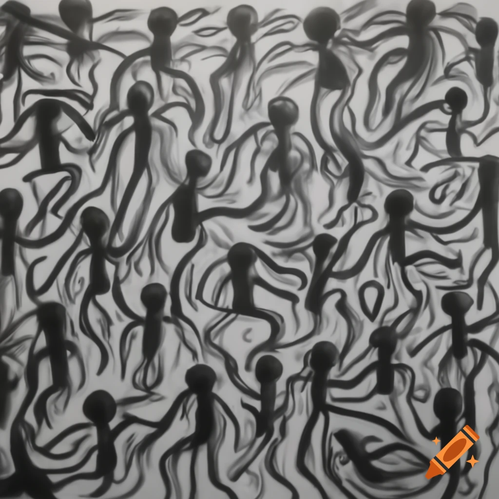 Sinister human figures with etheric interconnections and cosmic circulation, hand drawn artwork
