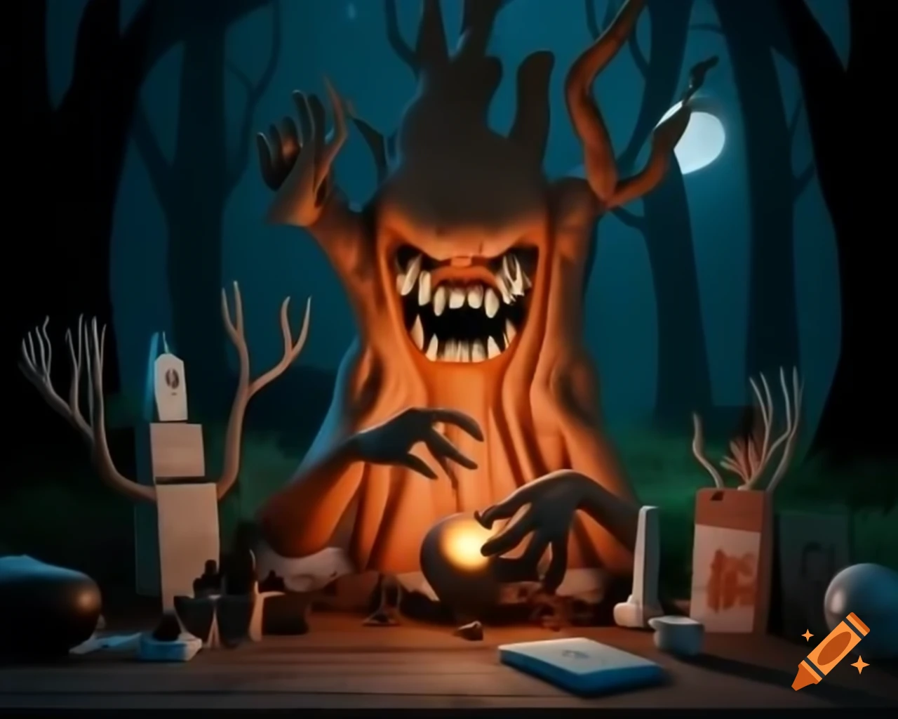 Hyper-realistic 3D tree monster with fangs on wooden table in dark woods
