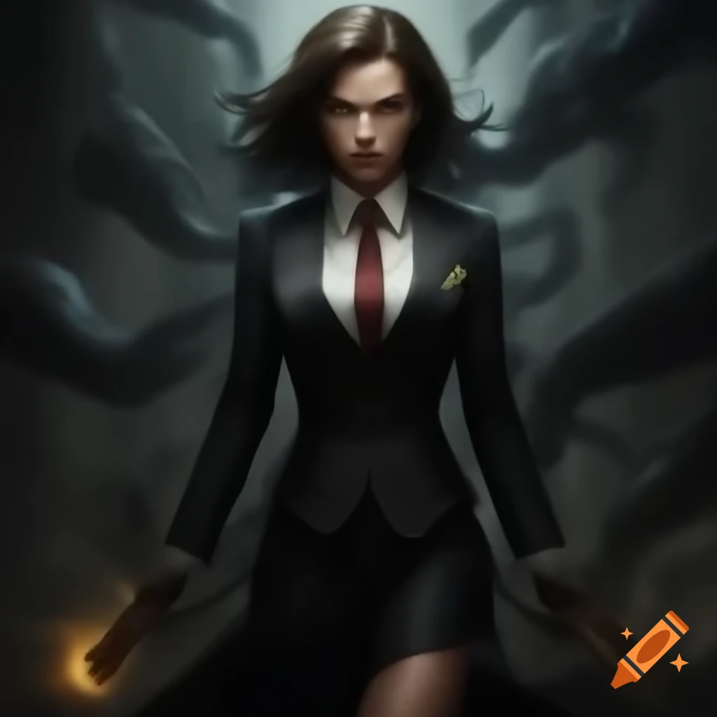 Powerful attorney in tailored suit surrounded by shadowy wisps