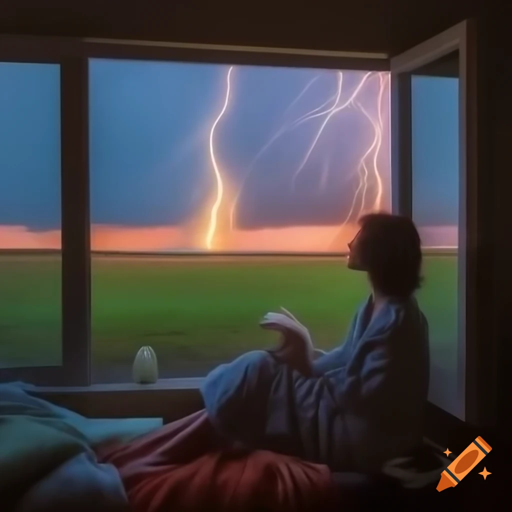 Woman in rainbow polka-dot robe enjoying a warm glow with a mug while watching the storm outside