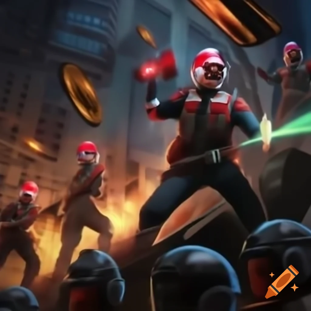 Chancellery Guards in futuristic uniforms in a victorious sci-fi battle scene