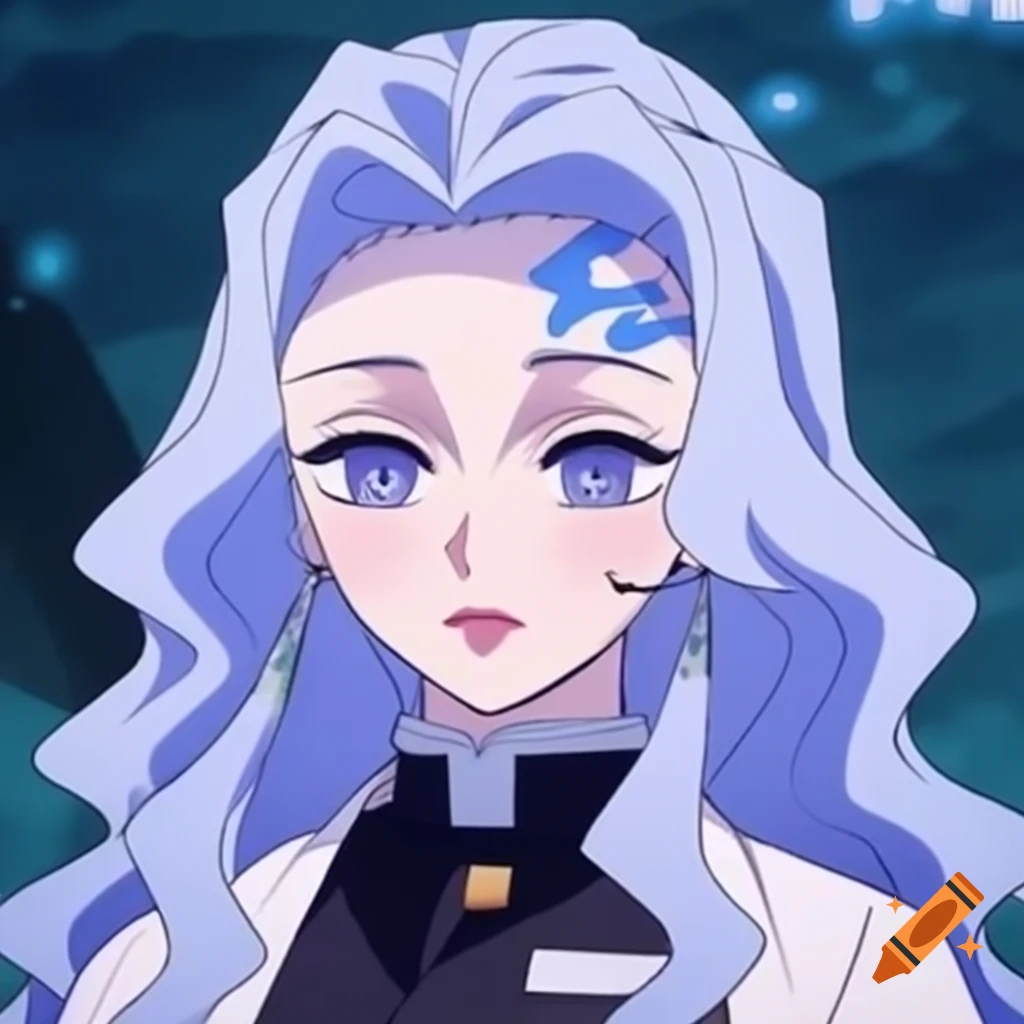 Animated heroine from Kimetsu No Yaiba with long silvery periwinkle hair in ornate portrait